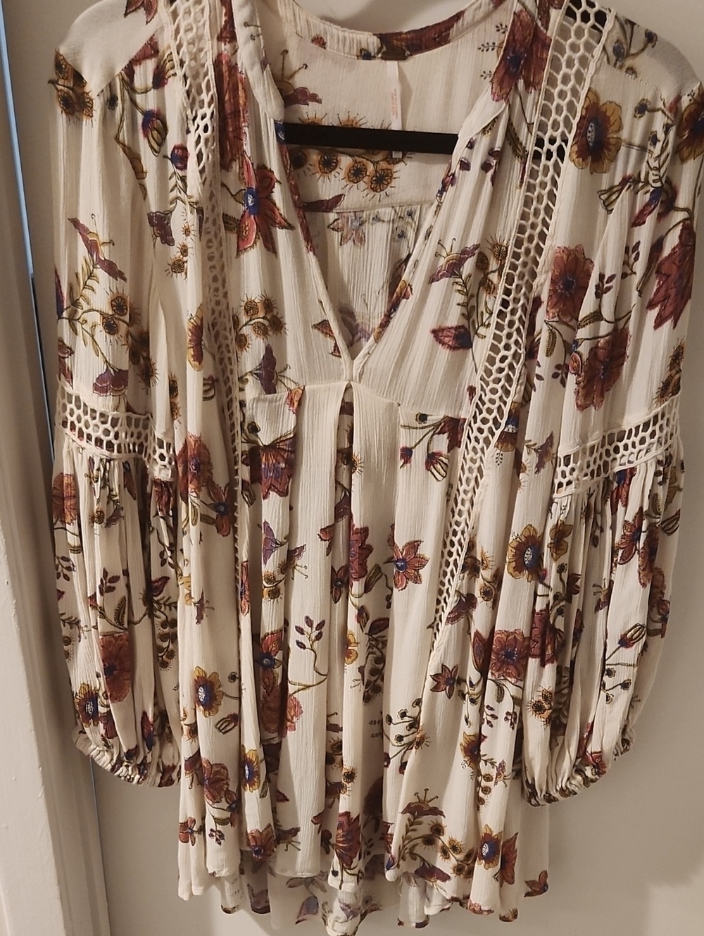 Free People Ivory Floral Crochet-Trim Peasant Tunic